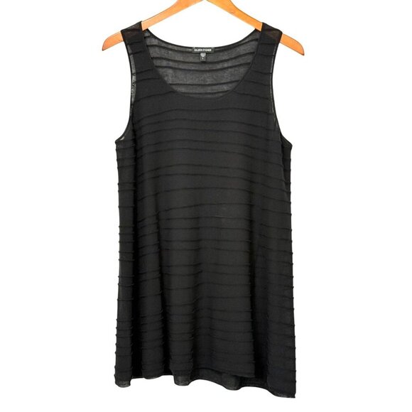 Eileen Fisher System Black Cotton Tank Top Tunic A-Line Ribbed Gauzy Mesh Size L - Picture 1 of 7